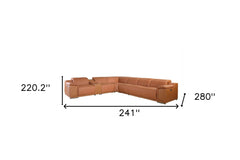 Camel Italian Leather Power Reclining U Shaped Seven Piece Corner Sectional With Console