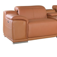 Camel Italian Leather Power Reclining U Shaped Seven Piece Corner Sectional With Console - Homeroots