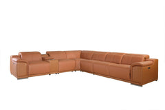 Camel Italian Leather Power Reclining U Shaped Seven Piece Corner Sectional With Console - Homeroots