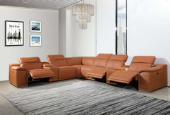 Camel Italian Leather Power Reclining U Shaped Eight Piece Corner Sectional With Console