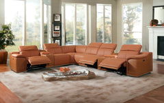 Camel Italian Leather Power Reclining U Shaped Eight Piece Corner Sectional With Console