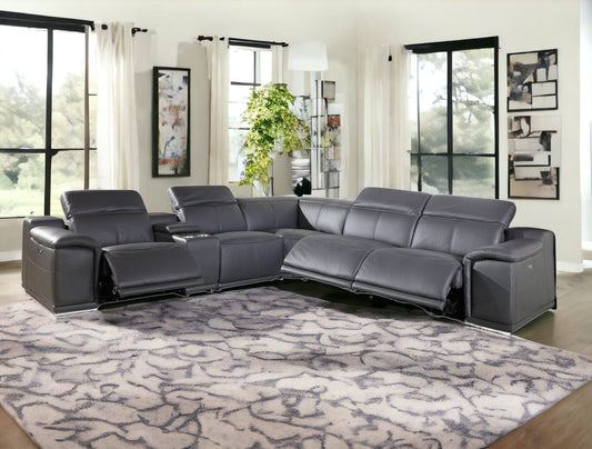 Gray Italian Leather Power Reclining U Shaped Six Piece Corner Sectional With Console - Homeroots