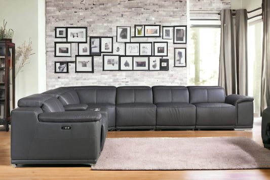 Gray Italian Leather Power Reclining U Shaped Seven Piece Corner Sectional With Console - Homeroots