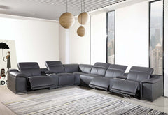 Gray Italian Leather Power Reclining U Shaped Eight Piece Corner Sectional With Console - Homeroots