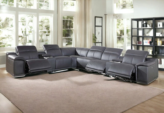 Gray Italian Leather Power Reclining U Shaped Eight Piece Corner Sectional With Console - Homeroots