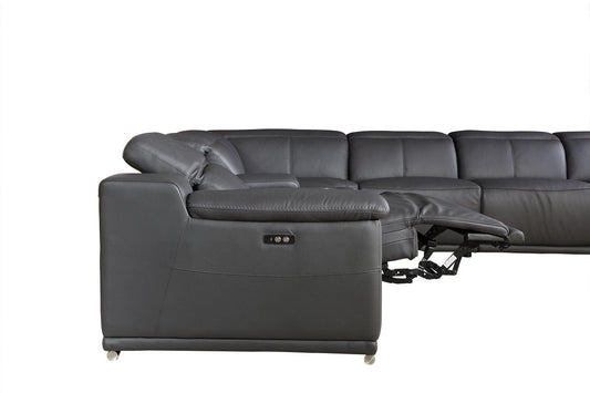 Gray Italian Leather Power Reclining U Shaped Eight Piece Corner Sectional With Console - Homeroots