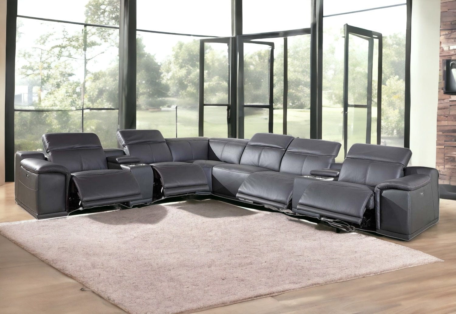 Gray Italian Leather Power Reclining U Shaped Eight Piece Corner Sectional With Console - Homeroots