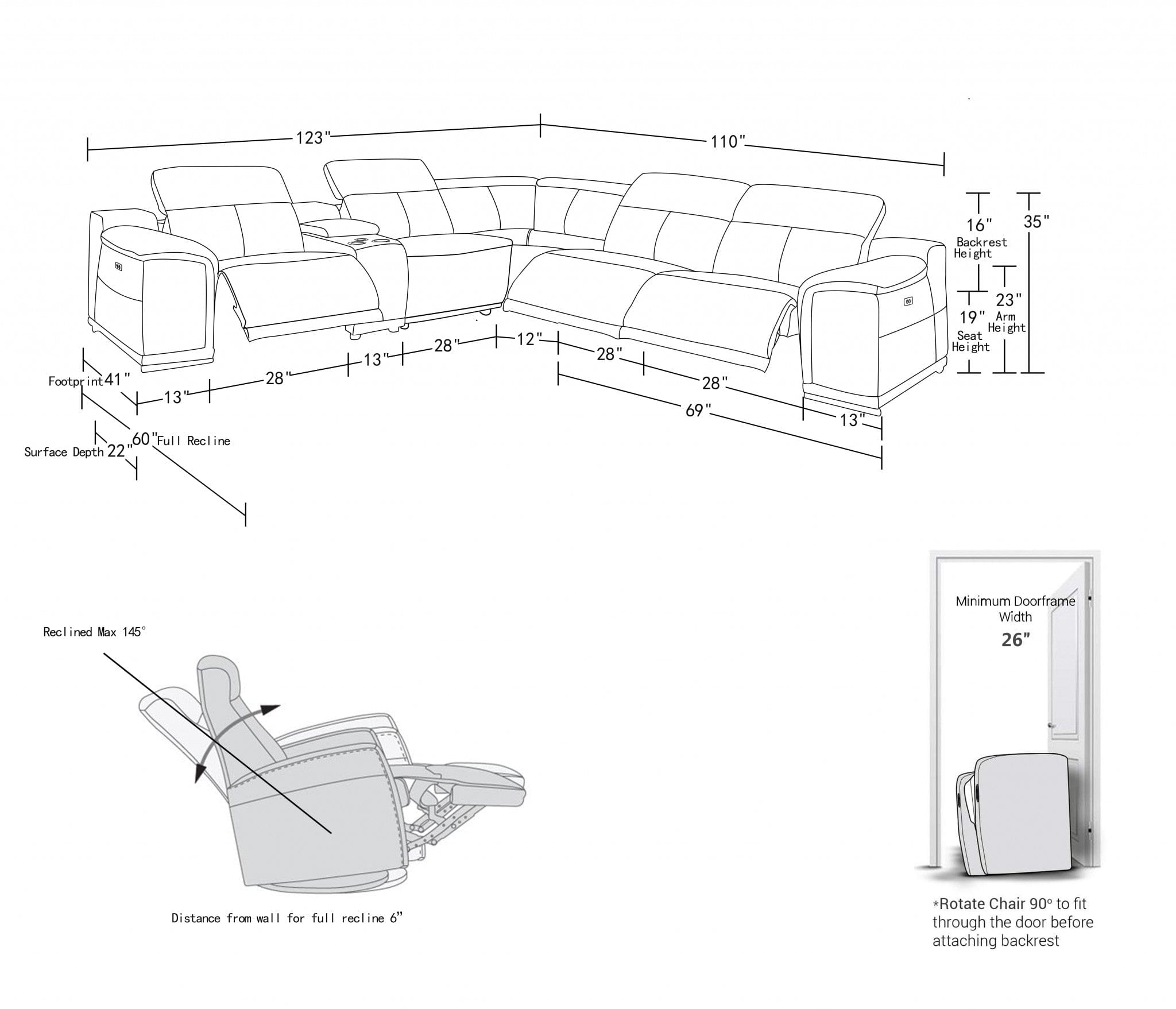 White Italian Leather Power Reclining U Shaped Six Piece Corner Sectional With Console