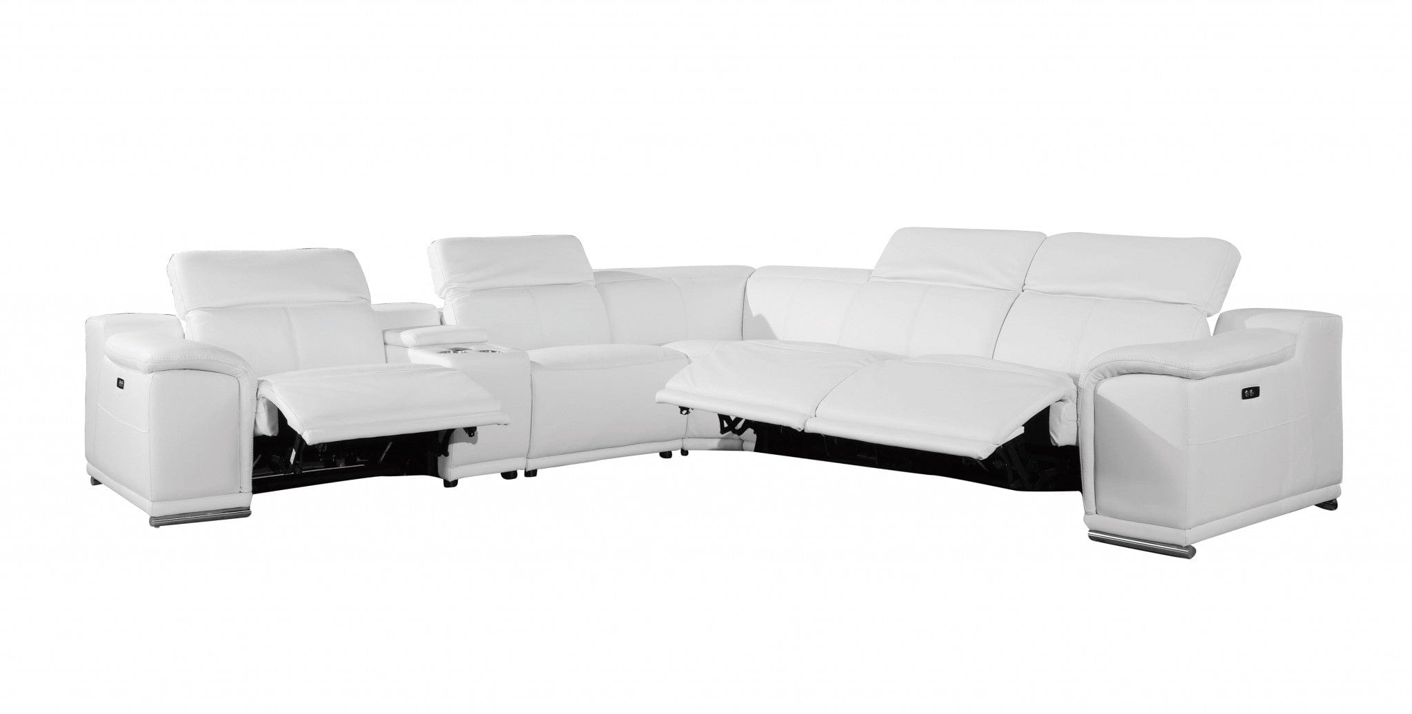 White Italian Leather Power Reclining U Shaped Six Piece Corner Sectional With Console