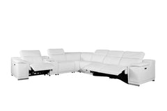 White Italian Leather Power Reclining U Shaped Seven Piece Corner Sectional With Console