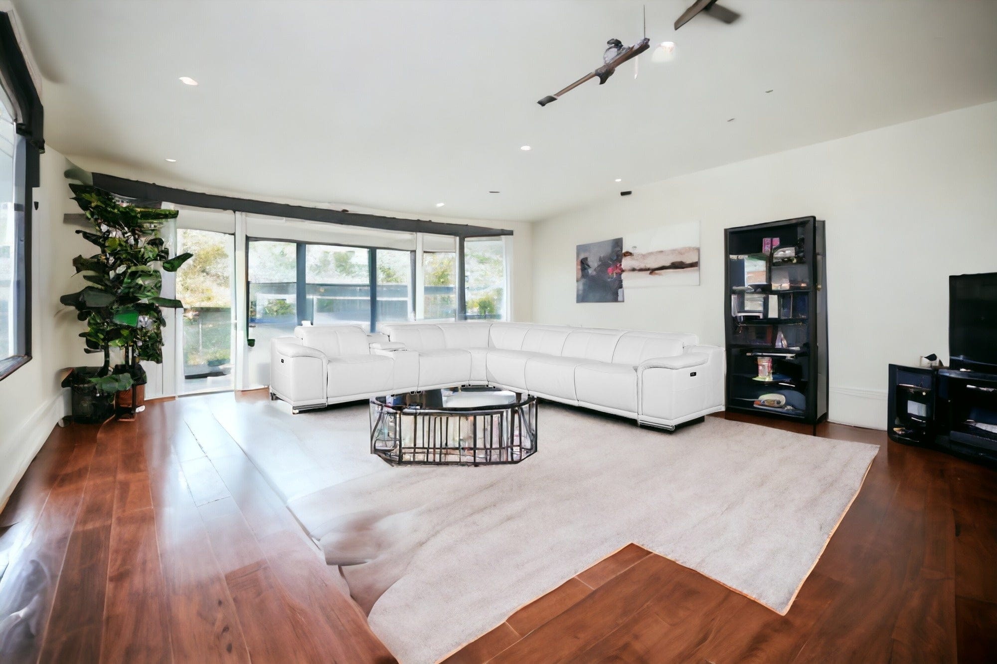 White Italian Leather Power Reclining U Shaped Seven Piece Corner Sectional With Console