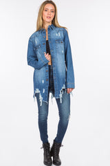 American Bazi Distressed Frayed Hem Denim Jacket - Trendsi