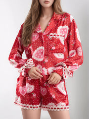 Valentine’s Day Lace Detail Heart Print Collared Neck Top and Shorts Lounge Set