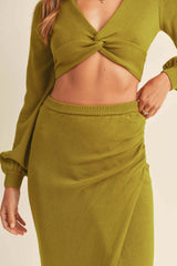 MABLE Front Twisted Knit Top and Midi Skirt Set - Trendsi