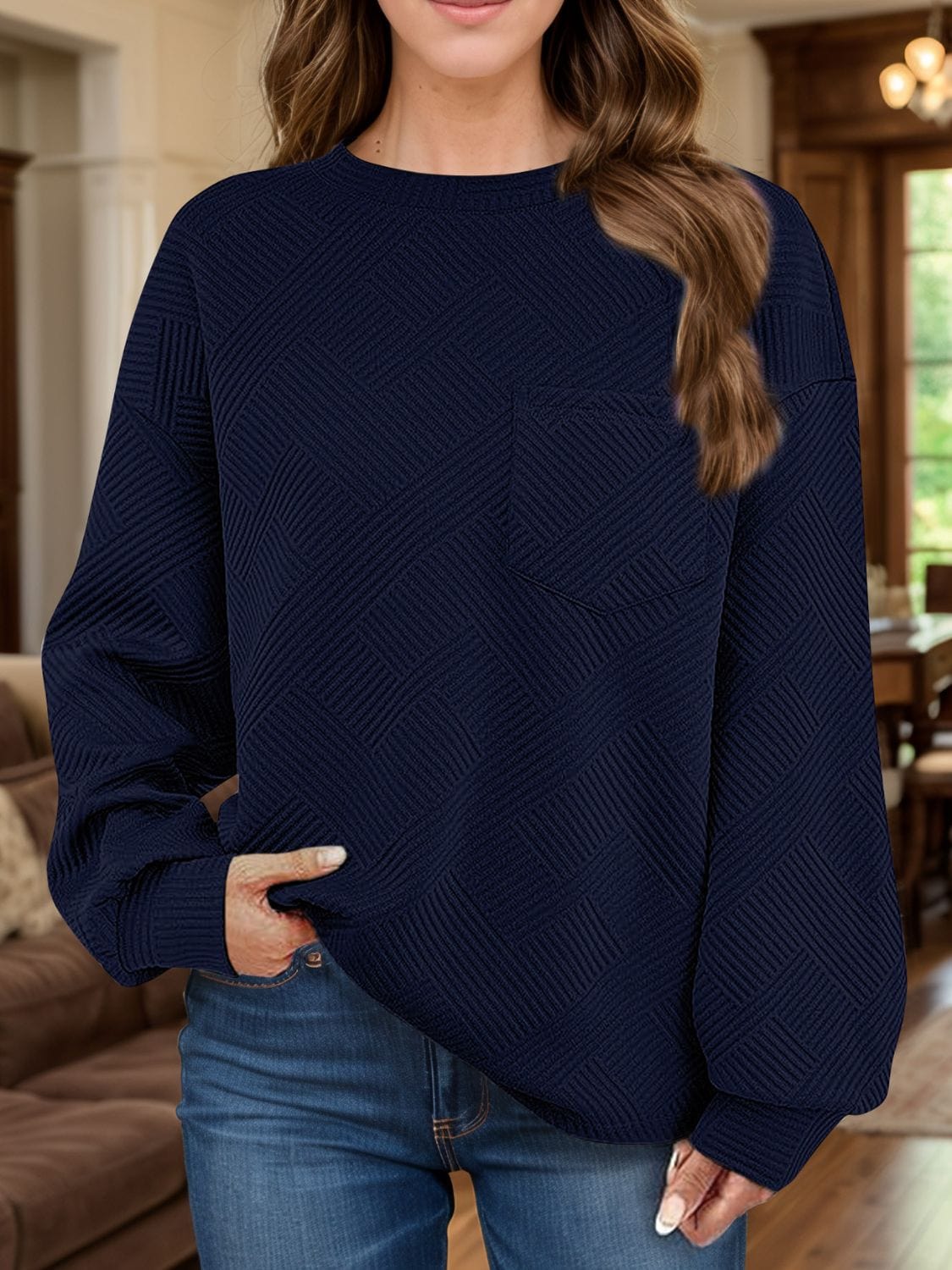 Full Size Texture Round Neck Long Sleeve Sweatshirt - Trendsi