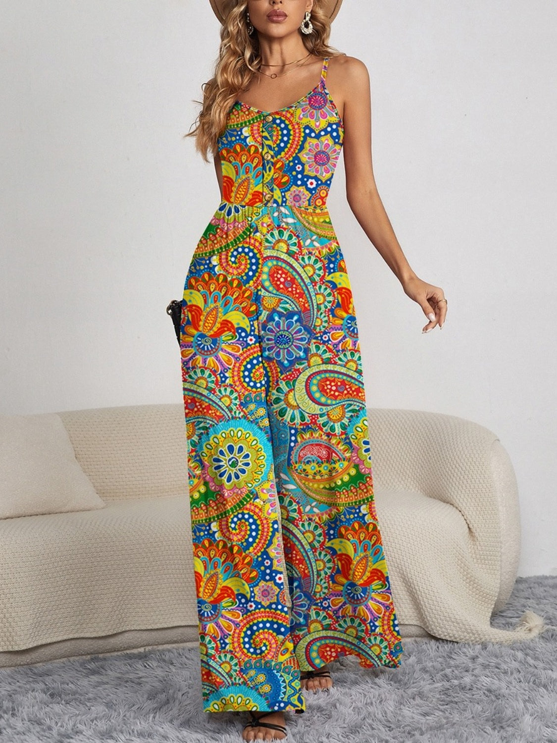 Decorative Button Spaghetti Strap Wide Leg Jumpsuit - Flyclothing LLC