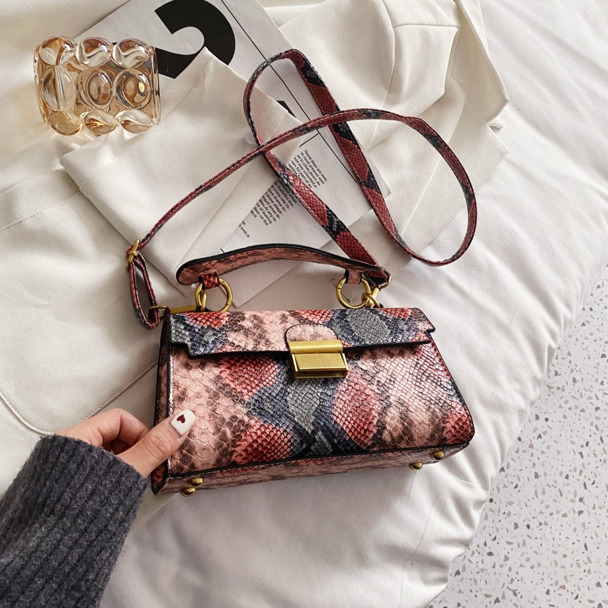 PU Leather Snakeskin Print Crossbody Bag - Trendsi