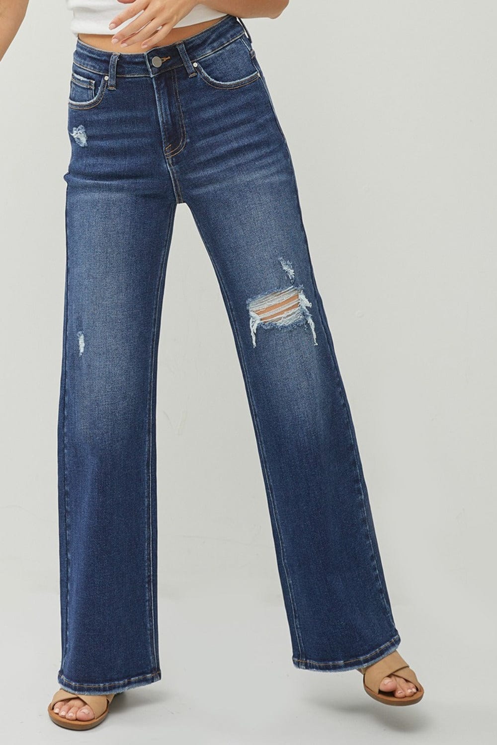 RISEN Full Size High Rise Distressed Wide Leg Jeans - Trendsi