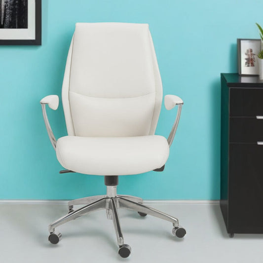 White and Silver Adjustable Swivel Faux Leather Rolling Executive Office Chair