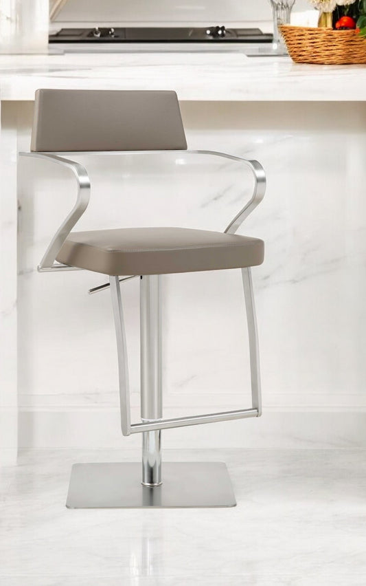 21 " Taupe And Silver Stainless Steel Bar Chair