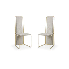 Set Of 2 Ultra Modern Beige Suede And Gold Dining Chairs