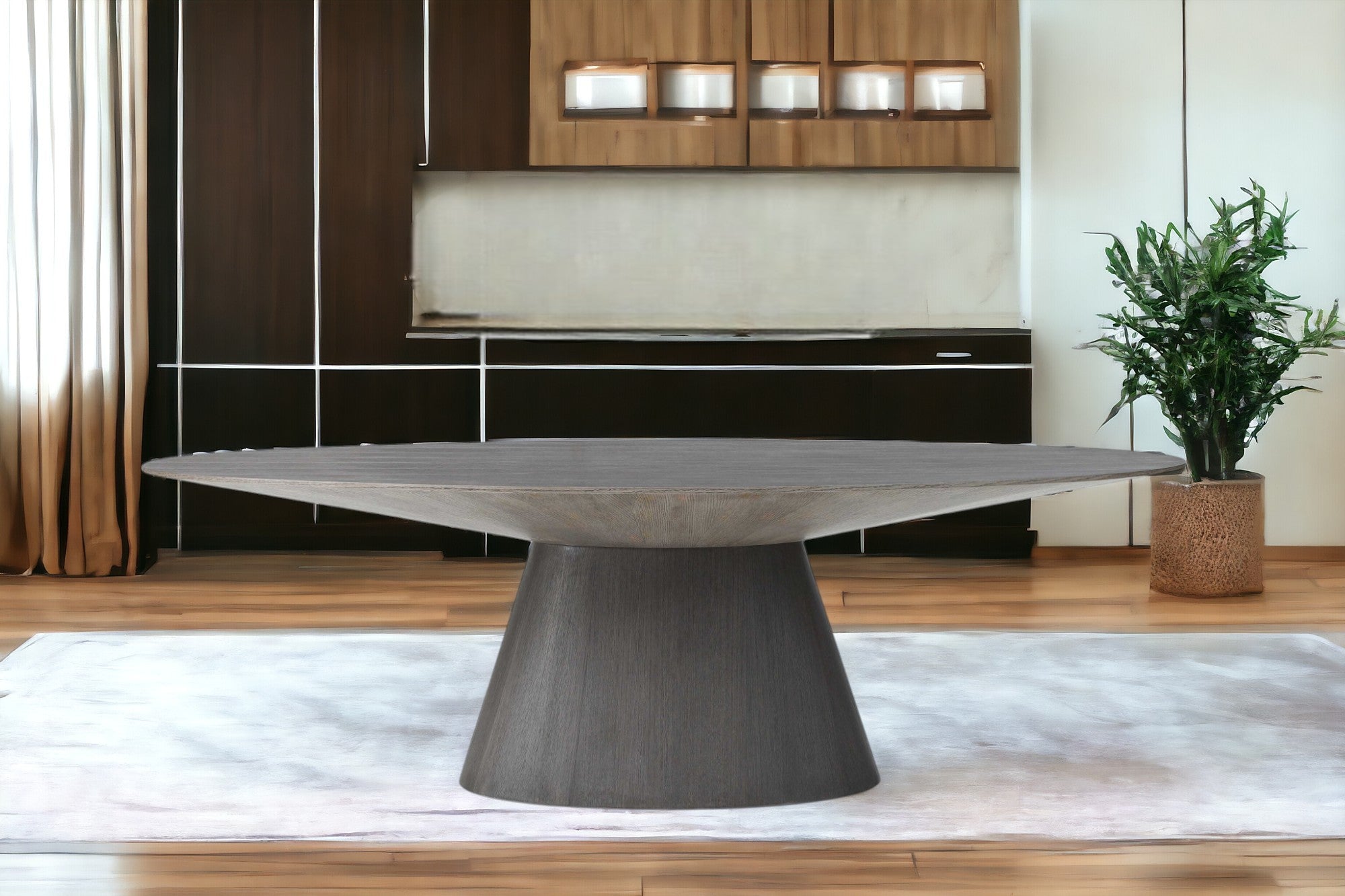 95" Gray Rounded Solid Wood Pedestal Base Dining Table