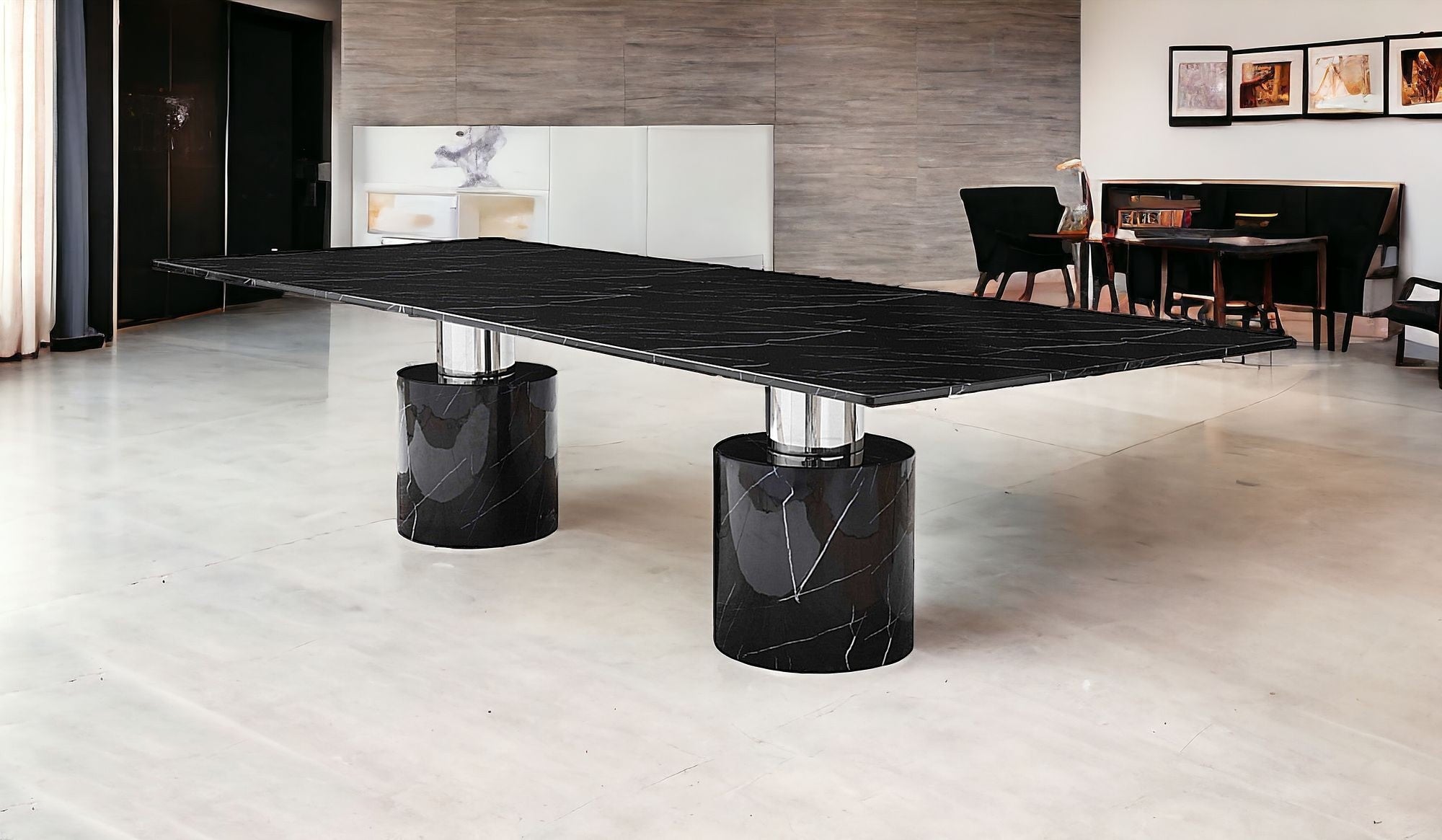 120" Black Marble Double Pedestal Base Dining Table