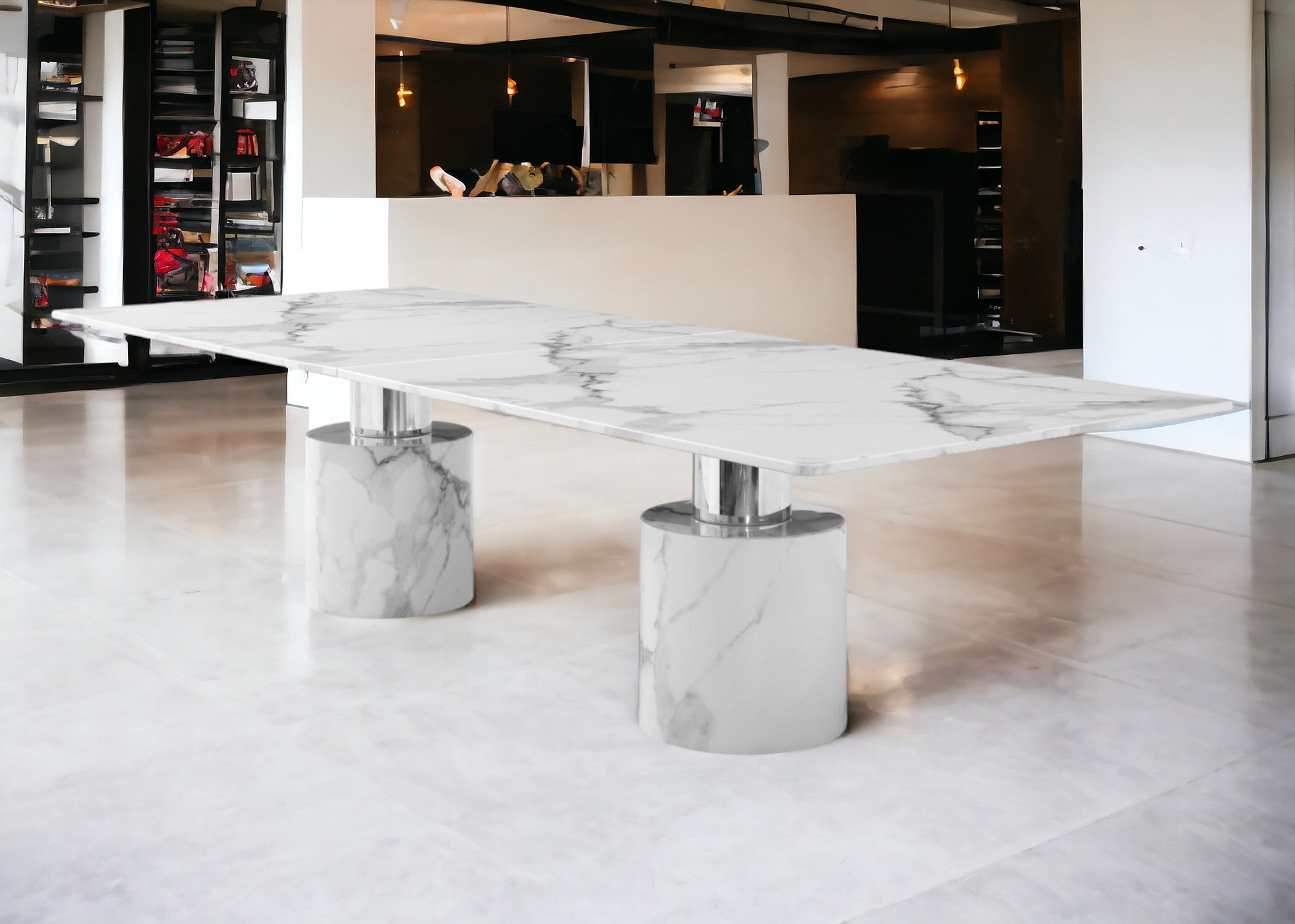 120" White Marble Double Pedestal Base Dining Table