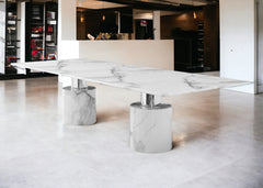 120" White Marble Double Pedestal Base Dining Table