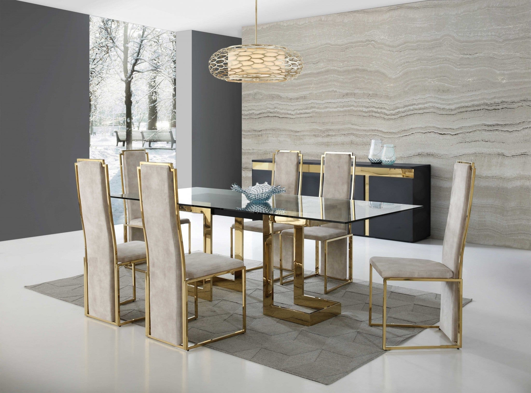 87" Clear And Gold Glass And Stainless Steel Double Pedestal Base Dining Table