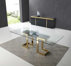 87" Clear And Gold Glass And Stainless Steel Double Pedestal Base Dining Table