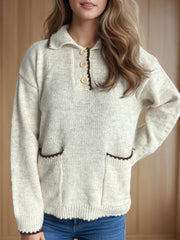 Contrast Trim Quarter Button Long Sleeve Sweater - Trendsi