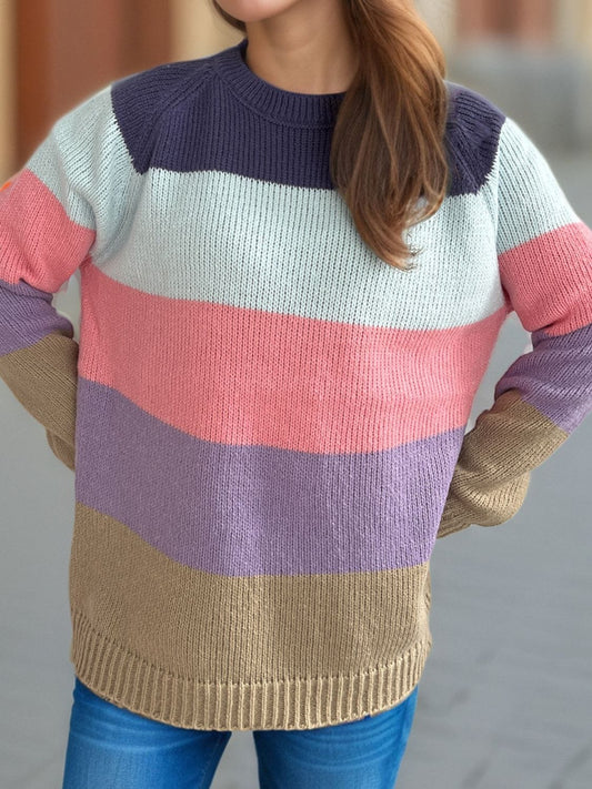 Color Block Round Neck Long Sleeve Sweater - Trendsi