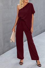 Single Shoulder Short Sleeve Jumpsuit - Trendsi