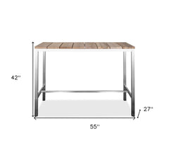 55" Wood Brown And Silver Solid Wood And Stainless Steel Dining Table - Homeroots