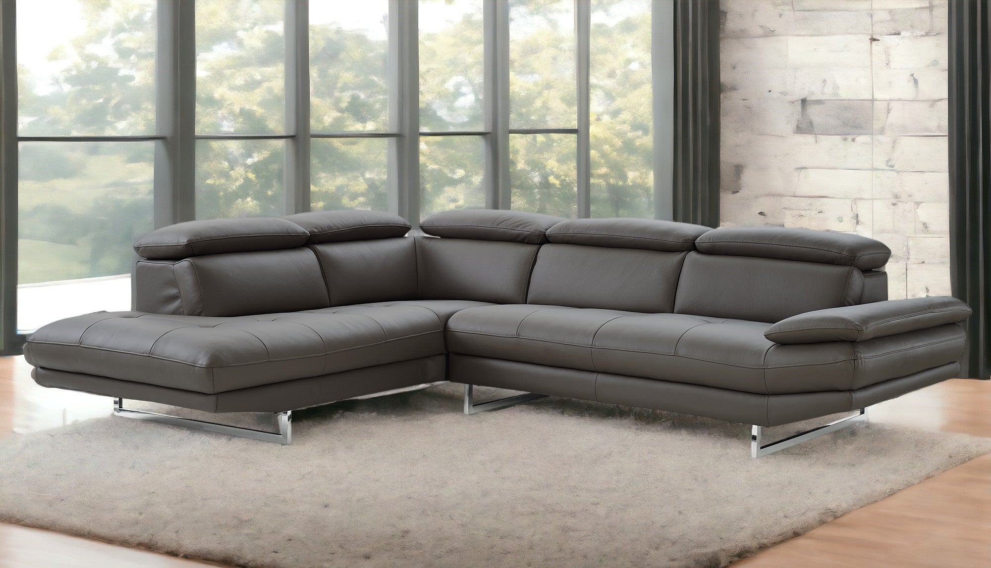 Dark Gray Genuine Leather L Shaped Two Piece Sofa and Chaise Sectional