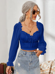 Mesh Sweetheart Neck Flounce Sleeve Top - Trendsi