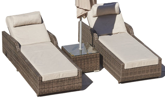 78" Set of Two Brown Indoor Outdoor Chaise Lounge with Beige Cushion