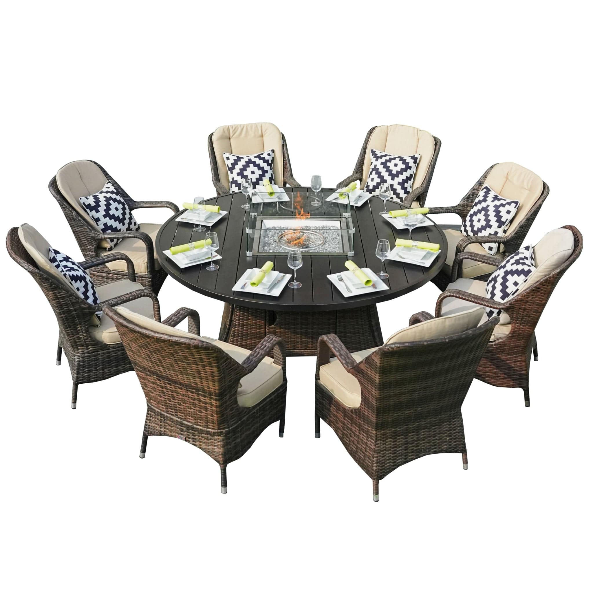 Brown Wicker Round Outdoor Fire Pit Dining Set With 8 Chairs - Homeroots