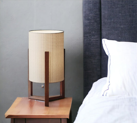 17" Brown Solid Wood Bedside Table Lamp With Natural Cylinder Shade