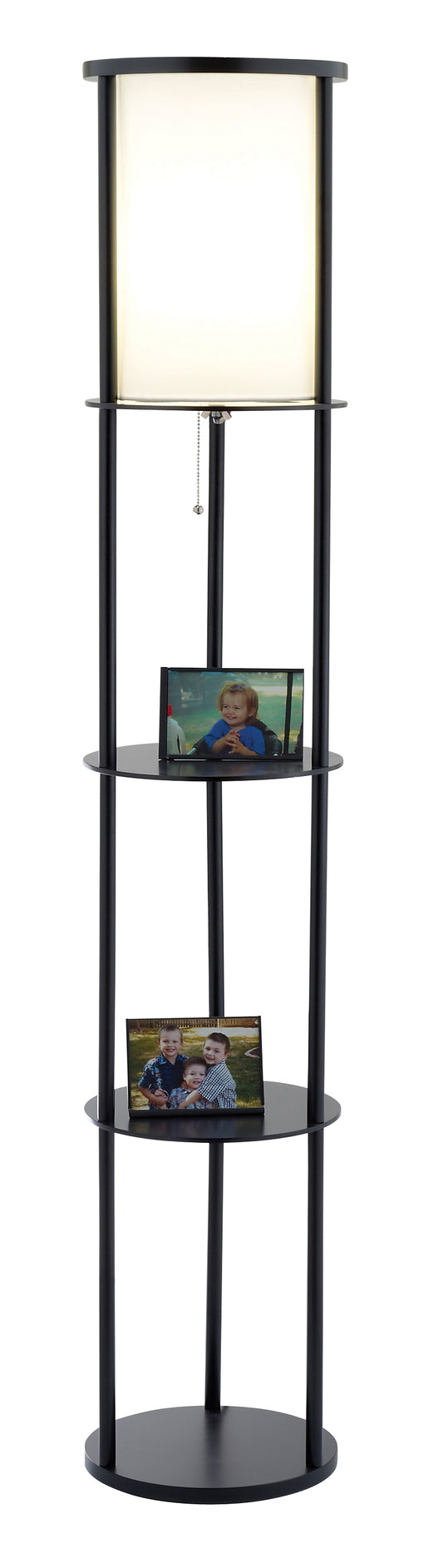 Black Wood Finish Floor Lamp With Circular Storage Shelves