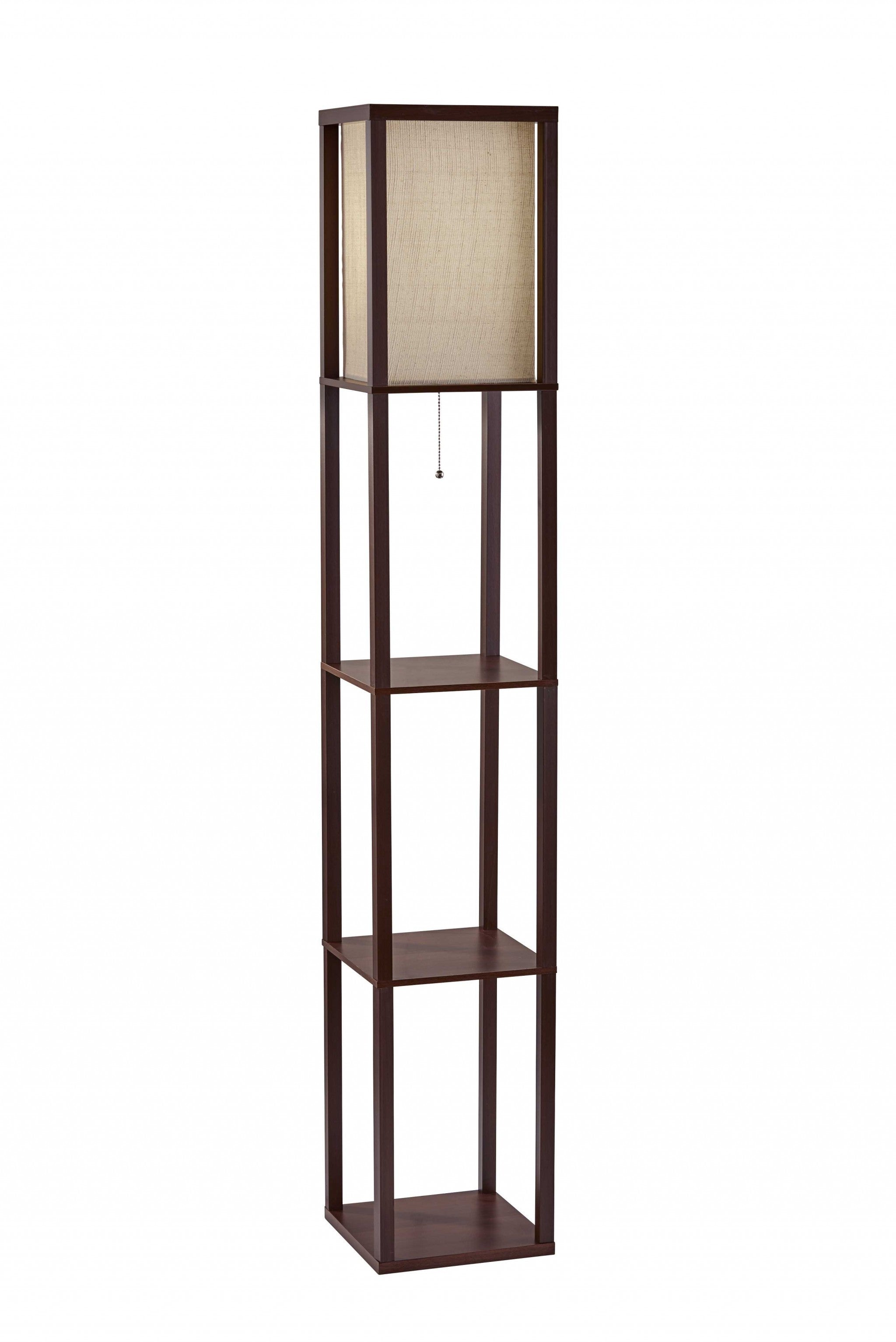 63" Brown Column Floor Lamp With Beige Square Shade