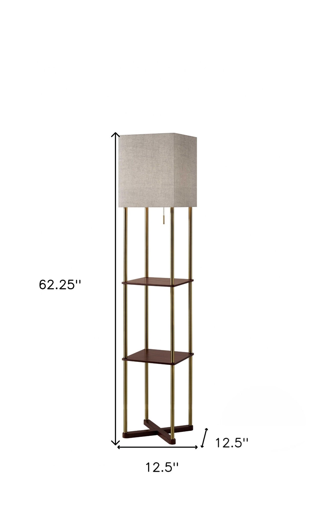 62" Brass Column Floor Lamp With Gray Fabric Square Shade