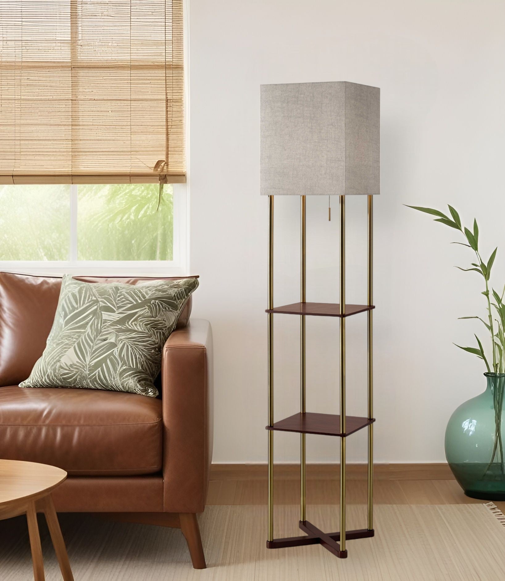 62" Brass Column Floor Lamp With Gray Fabric Square Shade