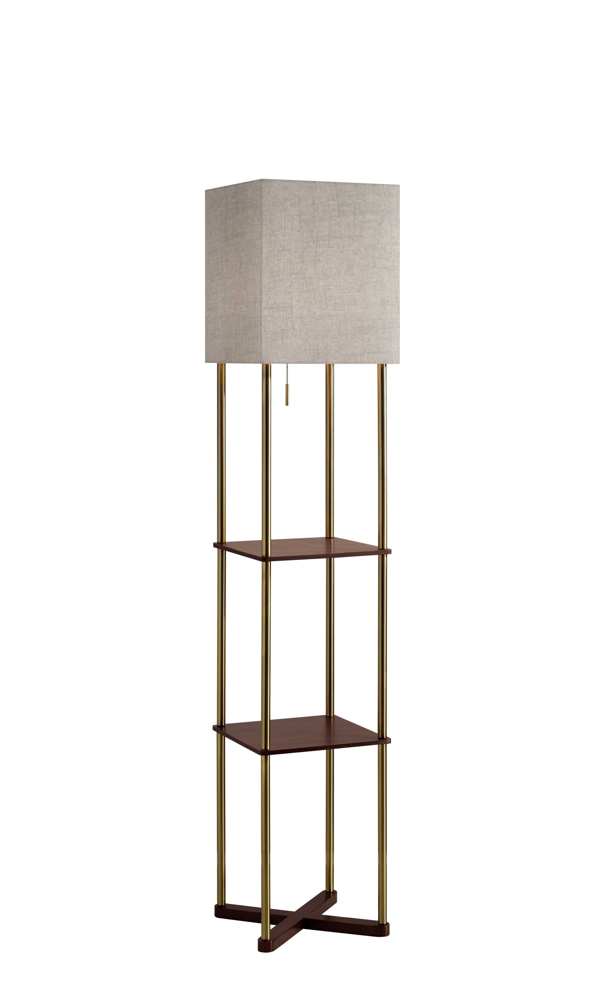 62" Brass Column Floor Lamp With Gray Fabric Square Shade