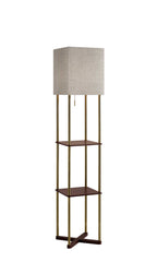 62" Brass Column Floor Lamp With Gray Fabric Square Shade