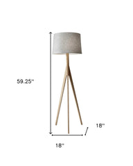 59" Natural Solid Wood Tripod Floor Lamp With Gray Fabric Empire Shade - Homeroots