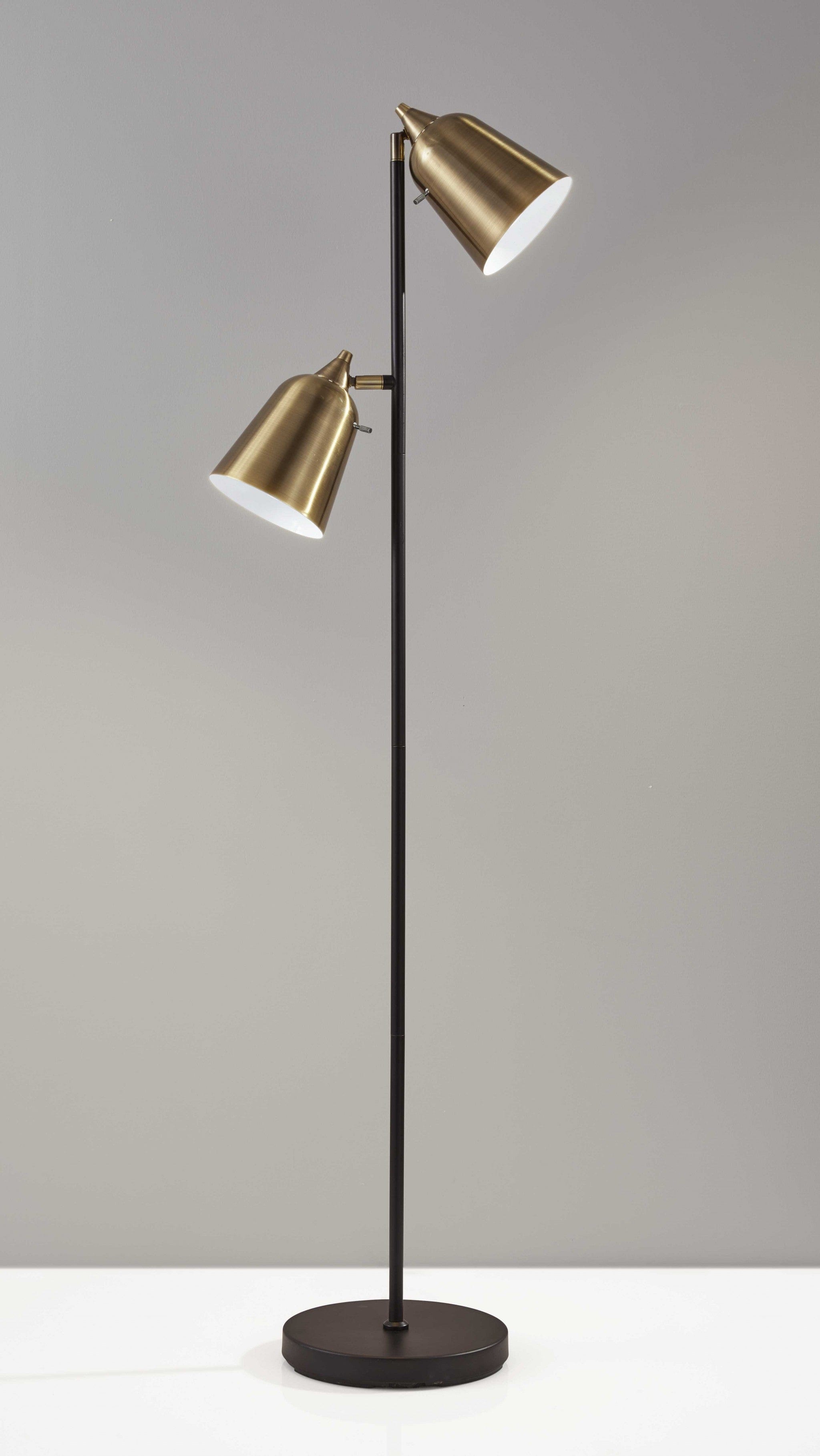 58" Black Two Light Floor Lamp With Antiqued Brass Cone Shades - Homeroots