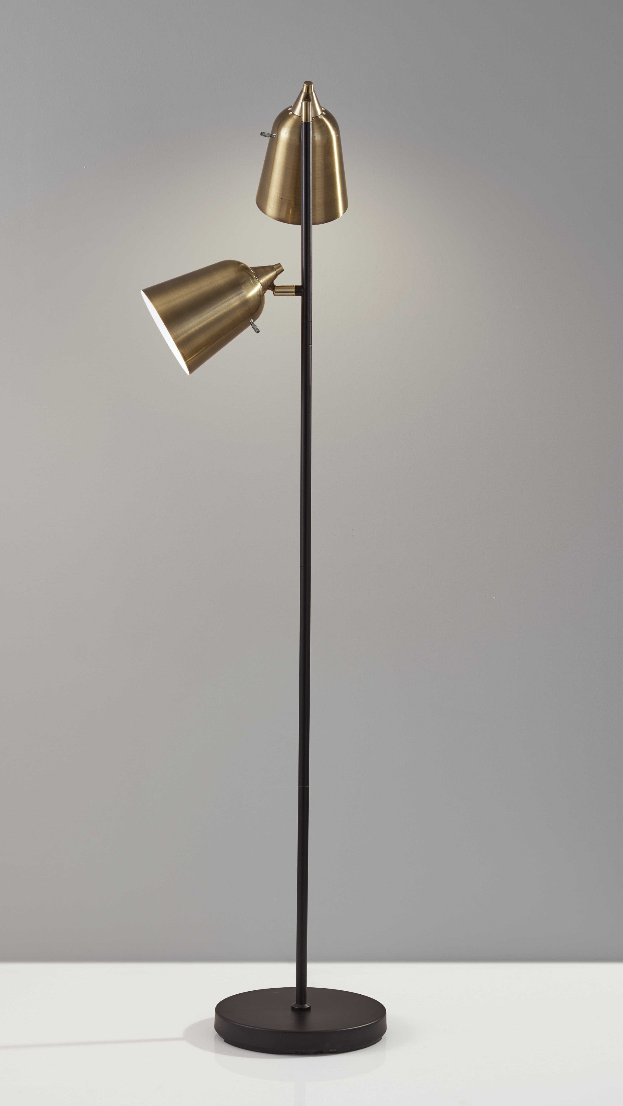 58" Black Two Light Floor Lamp With Antiqued Brass Cone Shades