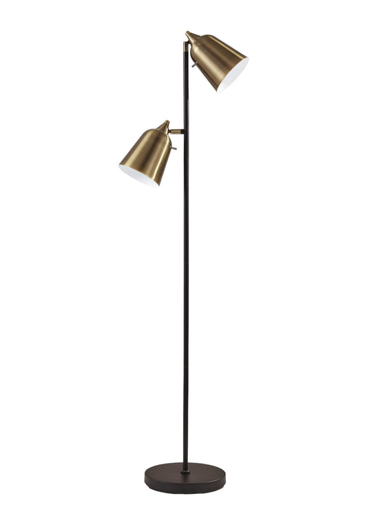 58" Black Two Light Floor Lamp With Antiqued Brass Cone Shades